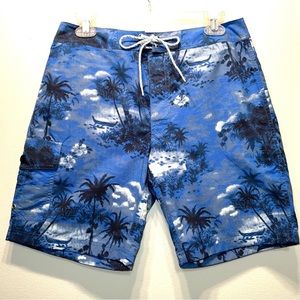 J. Crew Mens Mesh Lined Board Shorts Blue 30 Tropical Large Hook & Loop Closure